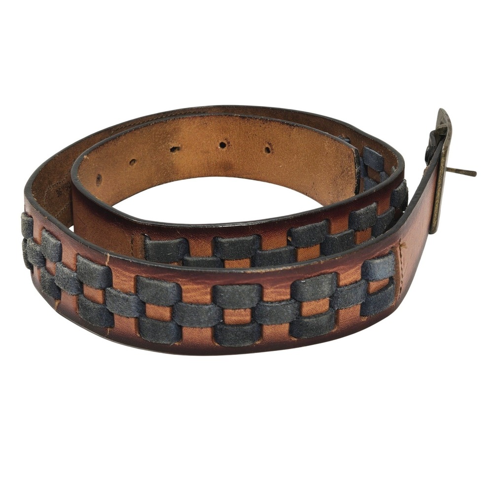 VTG Leegin Western Leather Belt 36 Brown Blue Woven Tooled Cowboy Boho USA Made